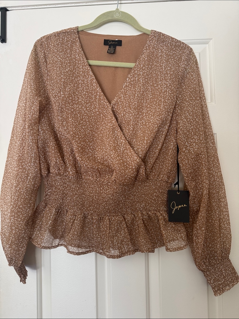 Japna Brown Animal Print Long Sleeve V Neck Lined Blouse Size L